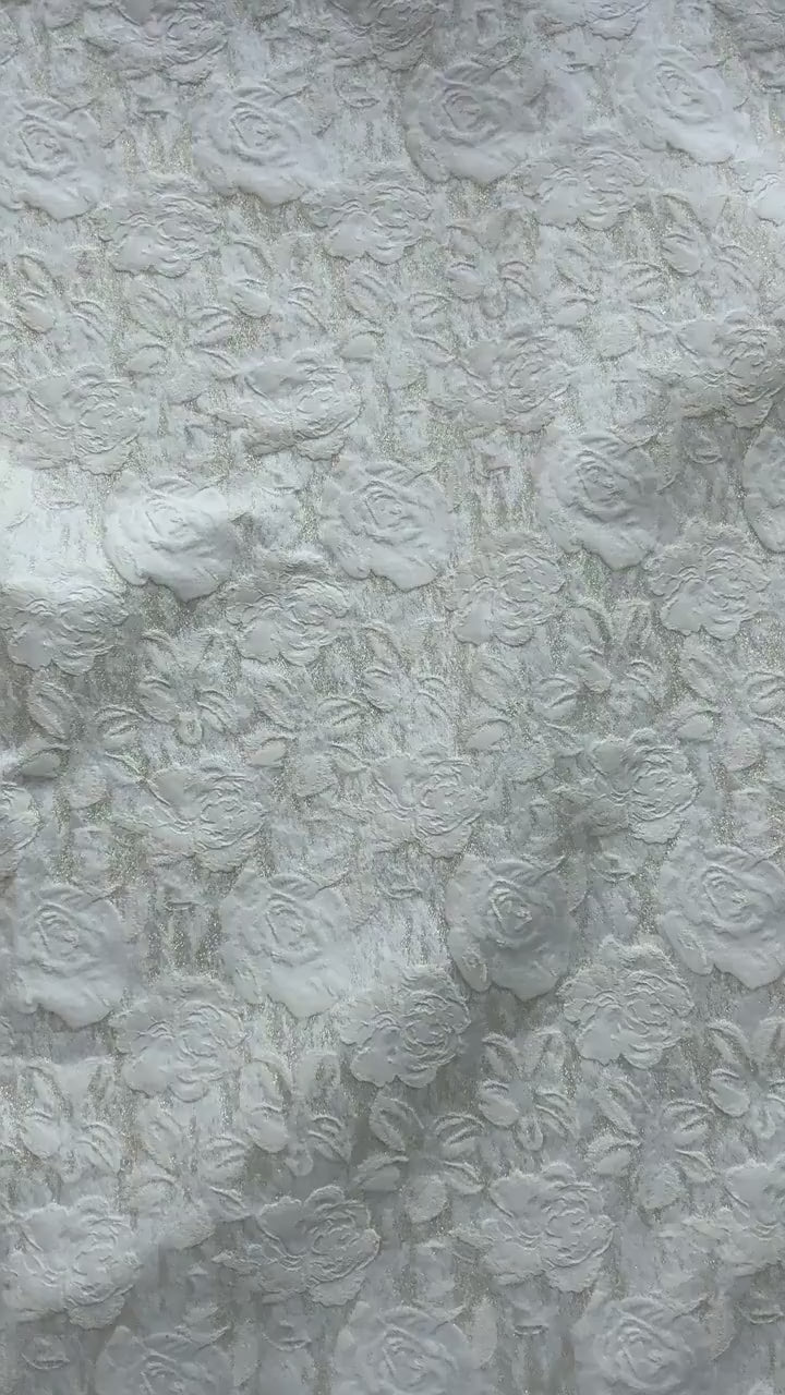 Luxury Ivory Rose Jacquard Fabric, Embossed Gold Floral Brocade Textile for Bridal Wedding Dress Couture Design, 63"Wide