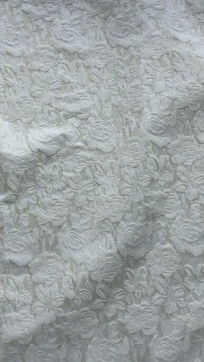 Luxury Ivory Rose Jacquard Fabric, Embossed Gold Floral Brocade Textile for Bridal Wedding Dress Couture Design, 63"Wide