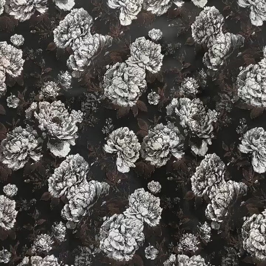 Vintage Black Peony Jacquard Fabric, Dark Romantic Floral Brocade Textile for Cheongsam, Upholstery, Curtains & Home Decor, 63" Wide