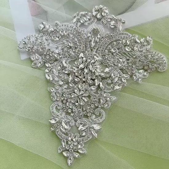 Silver Rhinestone Trim Applique | Handmade Crystal Beaded Sash | Bridal Belt Neckline Shoulder Wedding Dress DIY