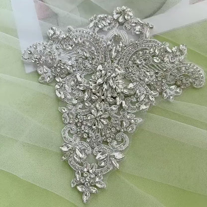 Silver Rhinestone Trim Applique | Handmade Crystal Beaded Sash | Bridal Belt Neckline Shoulder Wedding Dress DIY