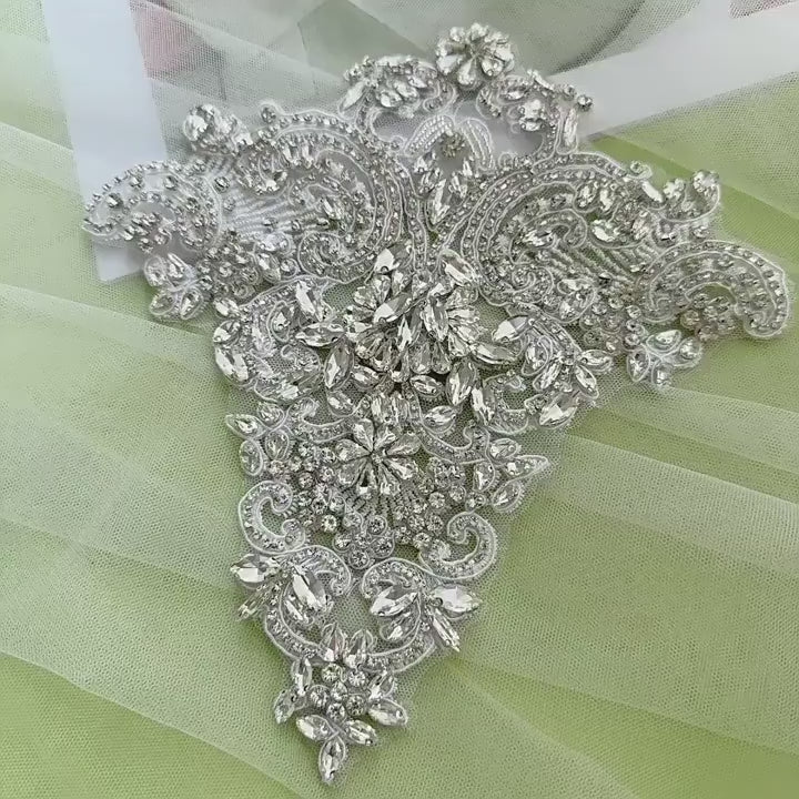 Silver Rhinestone Trim Applique | Handmade Crystal Beaded Sash | Bridal Belt Neckline Shoulder Wedding Dress DIY