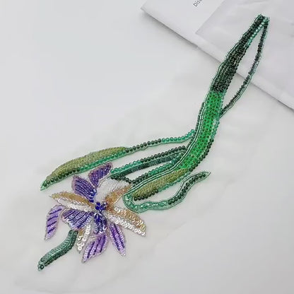 3D Floral Sequin Applique, Hand Beaded Leaf Embroidery Patch, Green Botanical Trim for Dress DIY Fashion Sewing