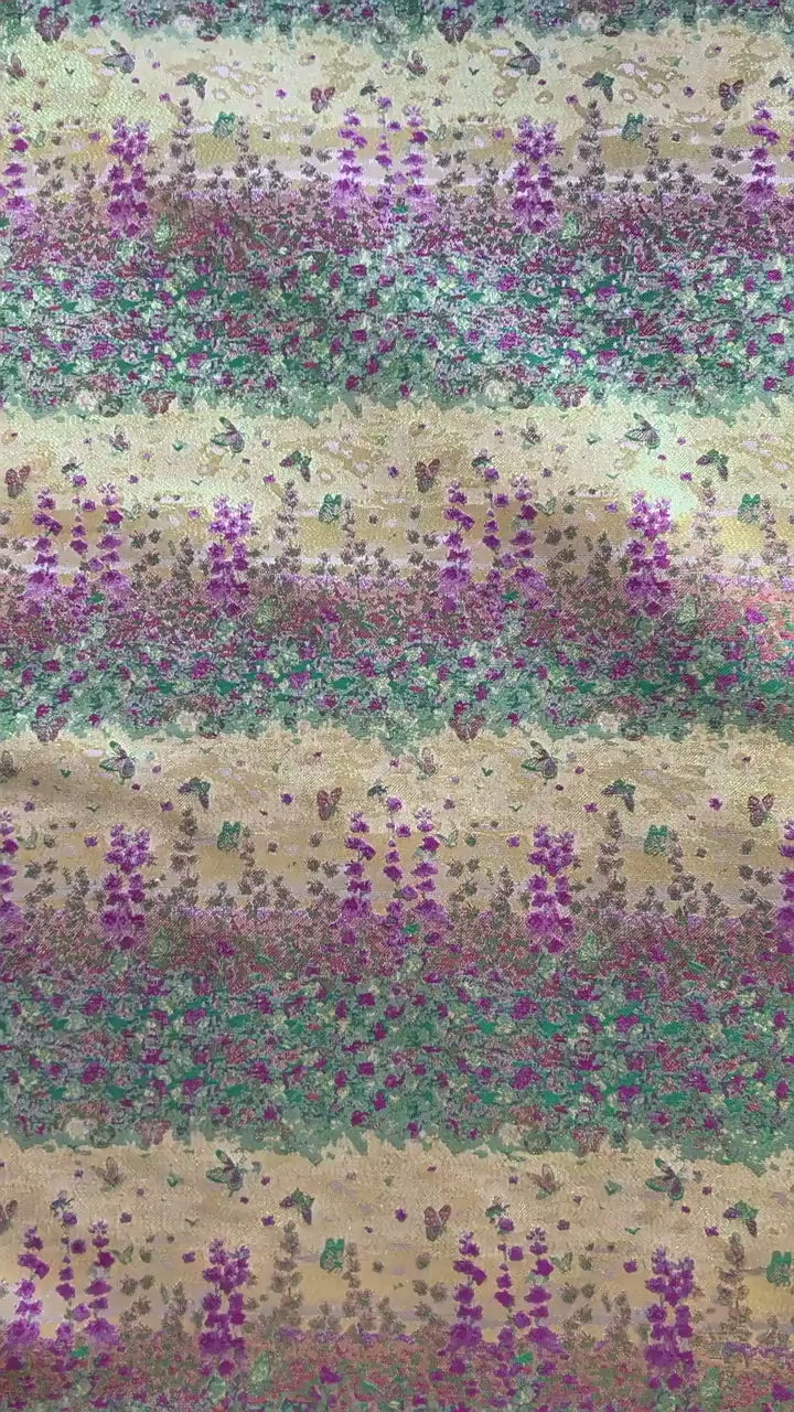Pastel Blue Pink Floral Gold Thread Jacquard Fabric, Painterly Botanical Woven Textile for Dresses, Bags, Decor and Sewing - 59"W