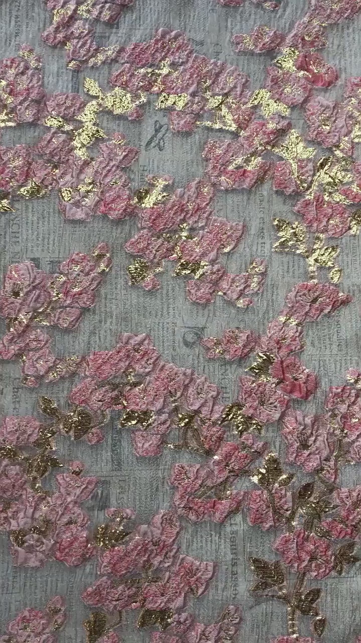 Embossed Floral Gold Jacquard Fabric by Yard, Semi Sheer Draped Brocade Textile, Luxury Designer Fabric for Dresses Decor, 55"Wide