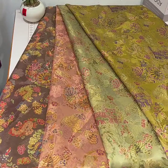 Dusty Rose Floral Tea Satin Jacquard Fabric, Multicolor Ornamental Woven Textile for Dresses, Qipao, Bags and Sewing
