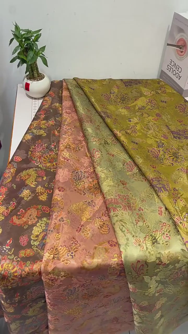 Dusty Rose Floral Tea Satin Jacquard Fabric, Multicolor Ornamental Woven Textile for Dresses, Qipao, Bags and Sewing