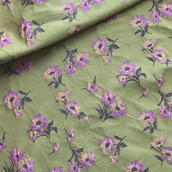 Green Floral Jacquard Fabric by Yard, Camellia Flower Embossed Textile, Vintage Dress Fabric for Sewing Crafts Home Decor, 63" Wide
