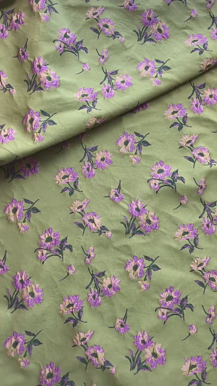 Green Floral Jacquard Fabric by Yard, Camellia Flower Embossed Textile, Vintage Dress Fabric for Sewing Crafts Home Decor, 63" Wide