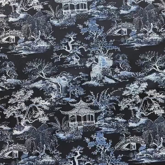 Black Blue Pavilion Landscape Song Brocade Fabric, Yarn-Dyed Jacquard Textile for Qipao, Jackets, Bags, Decor and Sewing, 59"Wide