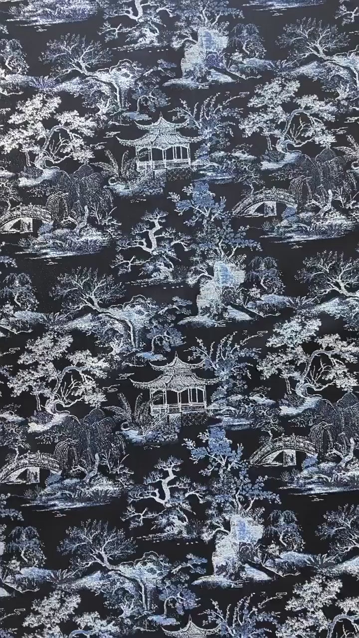Black Blue Pavilion Landscape Song Brocade Fabric, Yarn-Dyed Jacquard Textile for Qipao, Jackets, Bags, Decor and Sewing, 59"Wide