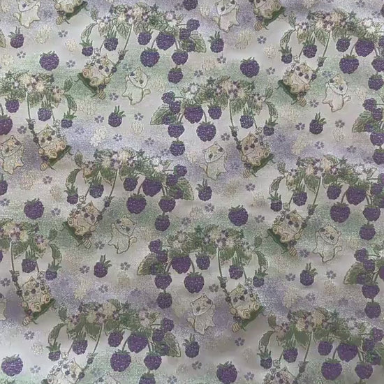 Pastoral Cat Jacquard Fabric, Raspberry Berry Floral Brocade with Metallic Thread, Cute Botanical Fabric for Dress, Qipao & Crafts, 64"Wide