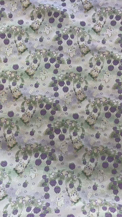 Pastoral Cat Jacquard Fabric, Raspberry Berry Floral Brocade with Metallic Thread, Cute Botanical Fabric for Dress, Qipao & Crafts, 64"Wide