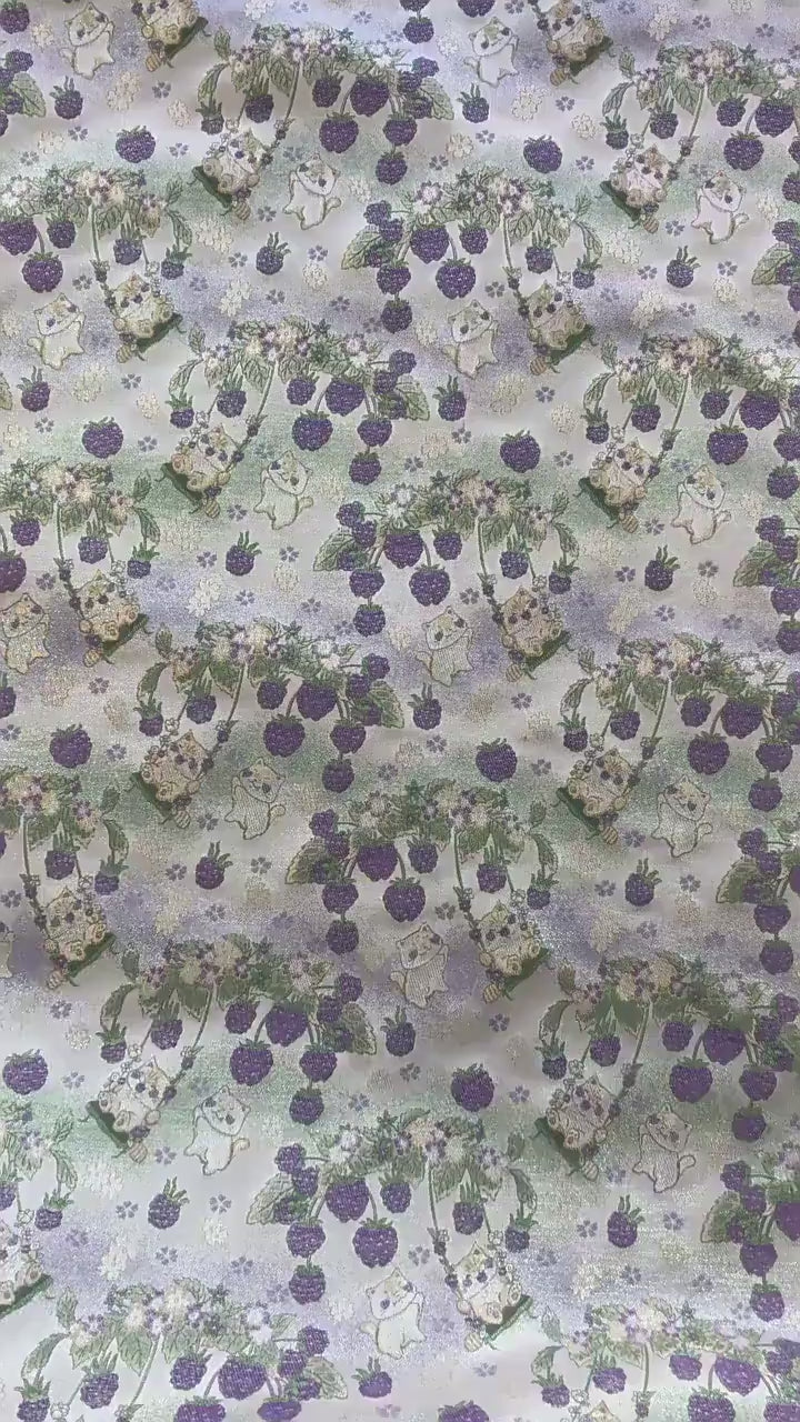 Pastoral Cat Jacquard Fabric, Raspberry Berry Floral Brocade with Metallic Thread, Cute Botanical Fabric for Dress, Qipao & Crafts, 64"Wide
