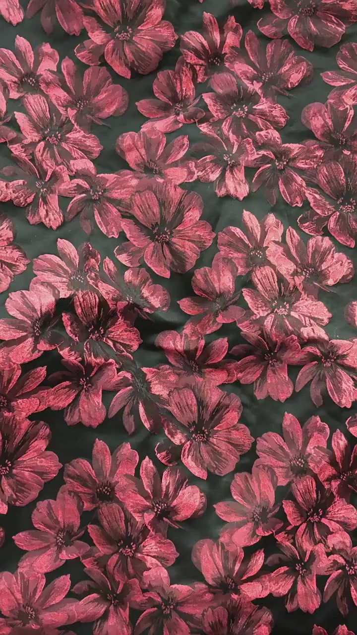 Vintage-Style 3D Embossed Floral Fabric, Black Large Flower Textile, 2 Colors for Wedding Dress, Gown, Fashion and Sewing, 65"wide