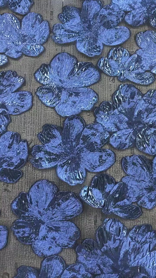 Embossed Floral Jacquard Fabric – Deep Blue Sheer Textile, 55" Wide