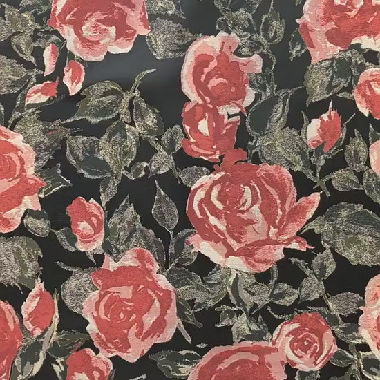 French Oil Painting–Style Black Rose Decorative Fabric | Vintage Woven Textile, 57"Wide