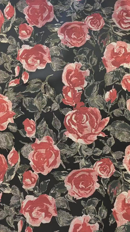 French Oil Painting–Style Black Rose Decorative Fabric | Vintage Woven Textile, 57"Wide