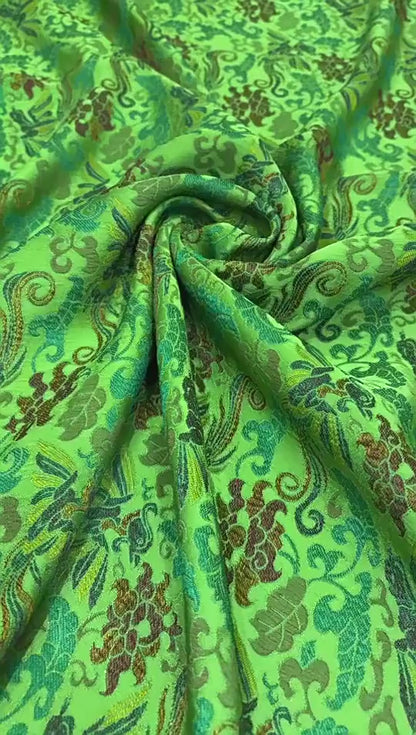 Phoenix Perching on Wutong Tree Jacquard Fabric | Gold Thread Woven Plant-Based Silk Textile | Elegant Oriental Dress & Decor Fabric