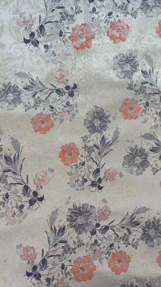 Floral Jacquard Woven Fabric: Gold Thread Embossed Pattern, 63" Wide