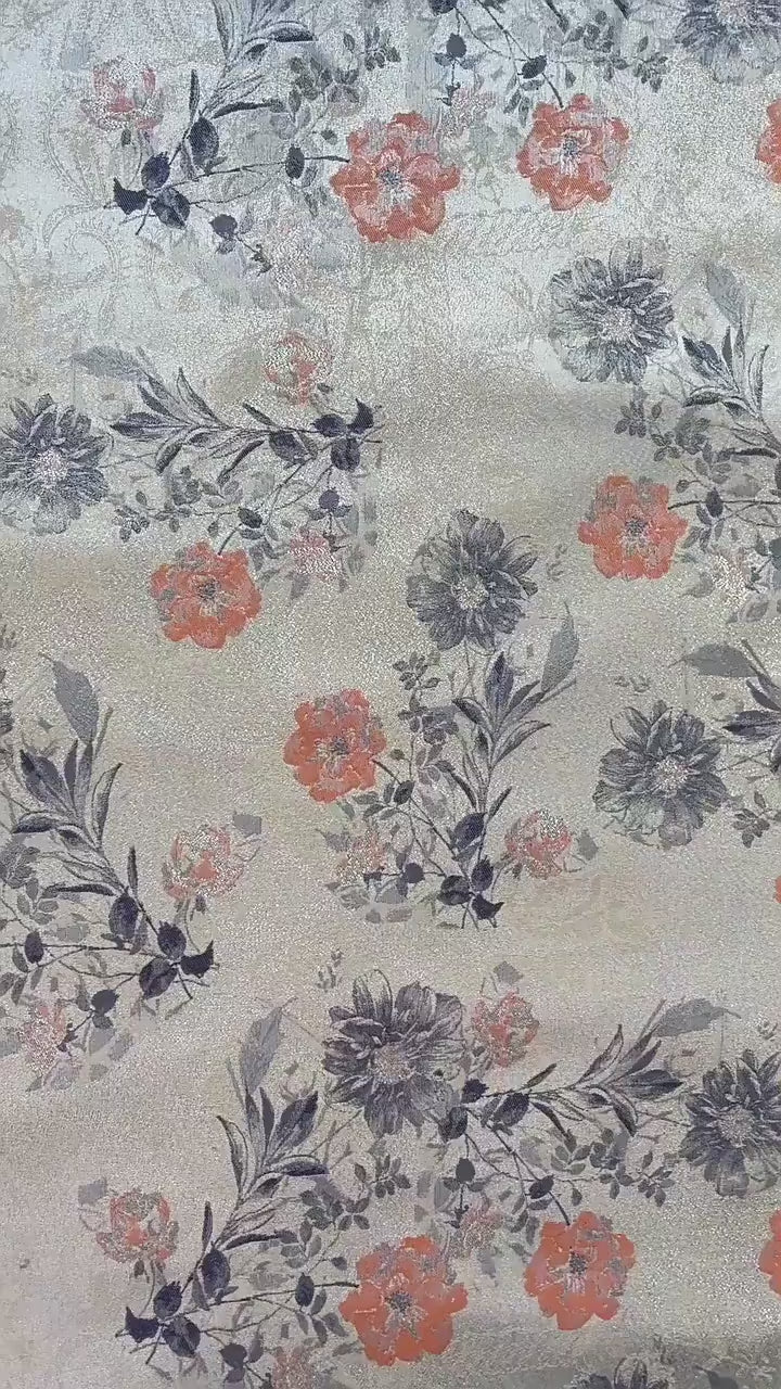 Floral Jacquard Woven Fabric: Gold Thread Embossed Pattern, 63" Wide