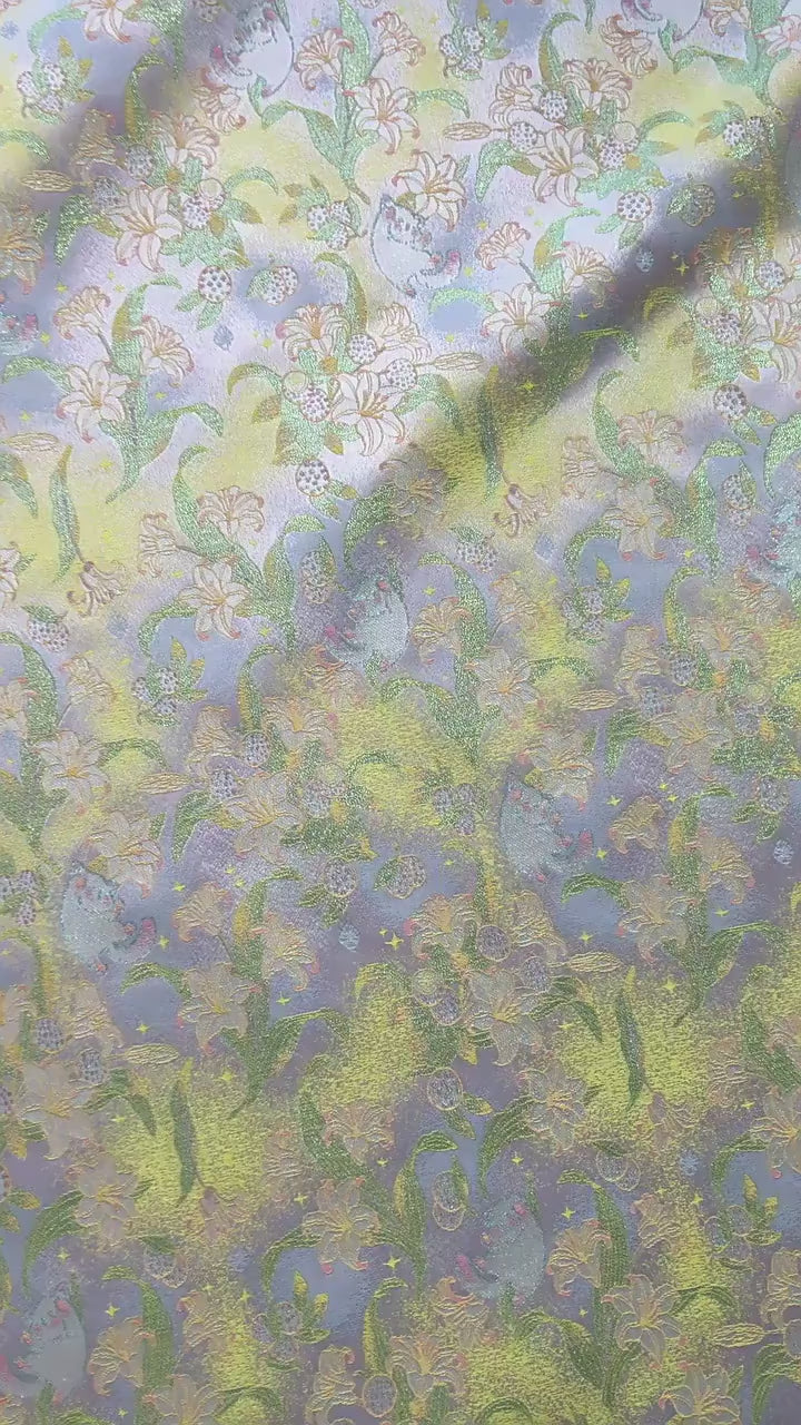 Song Brocade Silk Jacquard Fabric with Lily & Cat Gold Thread Design – Chinese Luxury Decorative Textile for Hanfu, Costume Craft Use