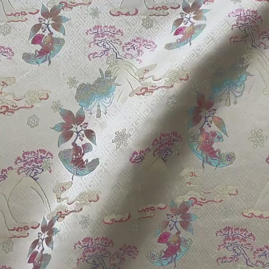 Hundred Blessings Jacquard Brocade Fabric, Song Dynasty Inspired Satin Damask Textile, Elegant Floral Lucky Pattern Fabric, 65" Wide