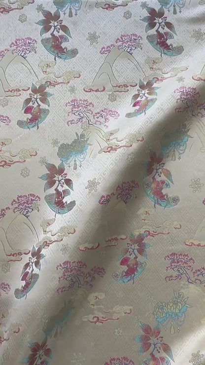 Hundred Blessings Jacquard Brocade Fabric, Song Dynasty Inspired Satin Damask Textile, Elegant Floral Lucky Pattern Fabric, 65" Wide