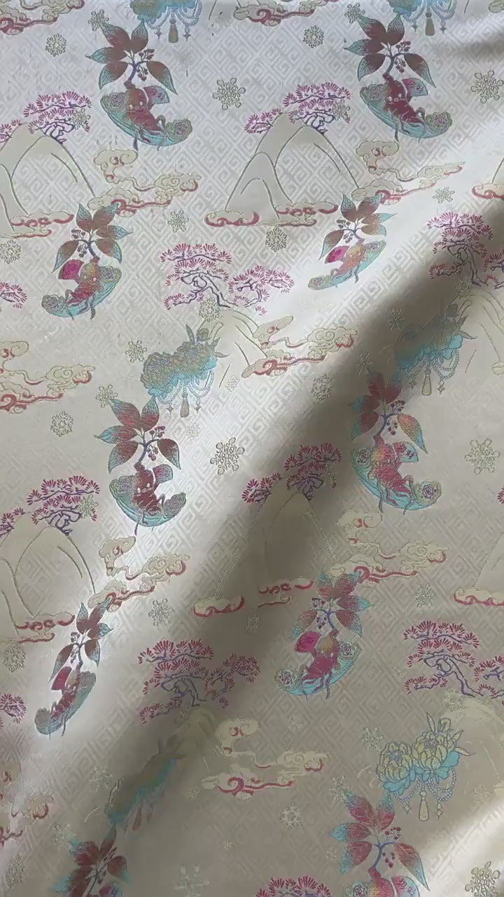 Hundred Blessings Jacquard Brocade Fabric, Song Dynasty Inspired Satin Damask Textile, Elegant Floral Lucky Pattern Fabric, 65" Wide
