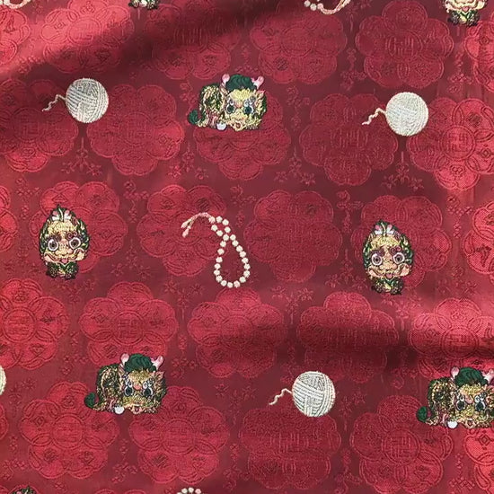Chinese Lion Dance Fabric, Red Gold Jacquard Fabric by Yard, Lunar New Year Textile, Traditional Chinese Sewing Material, Qipao Fabric, 59"