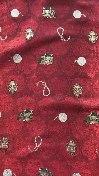 Chinese Lion Dance Fabric, Red Gold Jacquard Fabric by Yard, Lunar New Year Textile, Traditional Chinese Sewing Material, Qipao Fabric, 59"