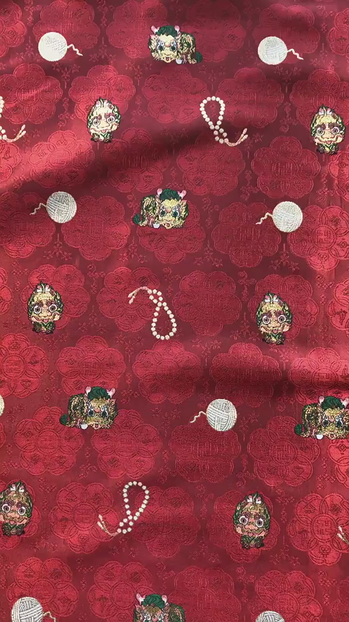 Chinese Lion Dance Fabric, Red Gold Jacquard Fabric by Yard, Lunar New Year Textile, Traditional Chinese Sewing Material, Qipao Fabric, 59"