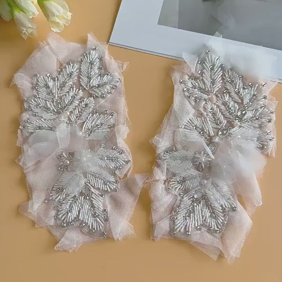 Silver Rhinestone Applique Pair | Handmade Crystal Beaded Patches | Bridal Wedding Dance Costume Stage Wear DIY