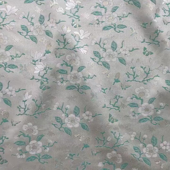 Mint Green Magnolia Butterfly Jacquard Fabric By The Yard | White Gold Floral Woven Brocade | Dress Qipao Curtain Home Décor Sewing