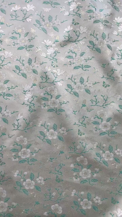 Mint Green Magnolia Butterfly Jacquard Fabric By The Yard | White Gold Floral Woven Brocade | Dress Qipao Curtain Home Décor Sewing