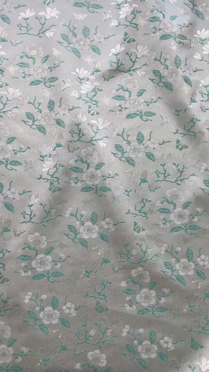 Mint Green Magnolia Butterfly Jacquard Fabric By The Yard | White Gold Floral Woven Brocade | Dress Qipao Curtain Home Décor Sewing