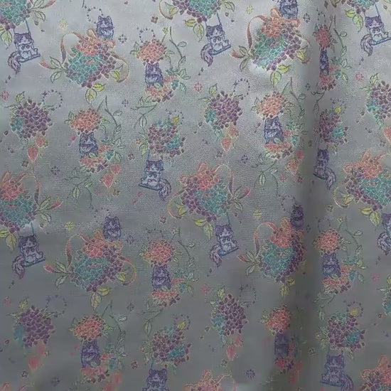 Song-Style Hydrangea Cat Jacquard Fabric, Pastel Floral Metallic Thread Chinese Style Fabric for Qipao, Dress, Bags & Crafts, 59"Wide