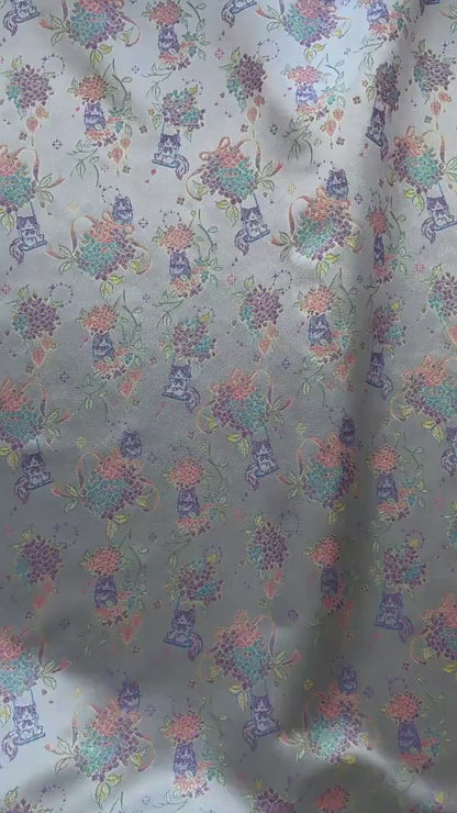 Song-Style Hydrangea Cat Jacquard Fabric, Pastel Floral Metallic Thread Chinese Style Fabric for Qipao, Dress, Bags & Crafts, 59"Wide