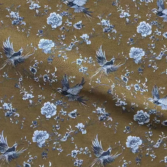 Mustard Yellow Floral Jacquard Fabric by Yard, Embossed Bird Flower Textile, Vintage Woven Dress Fabric for Sewing Crafts, 63"Wide