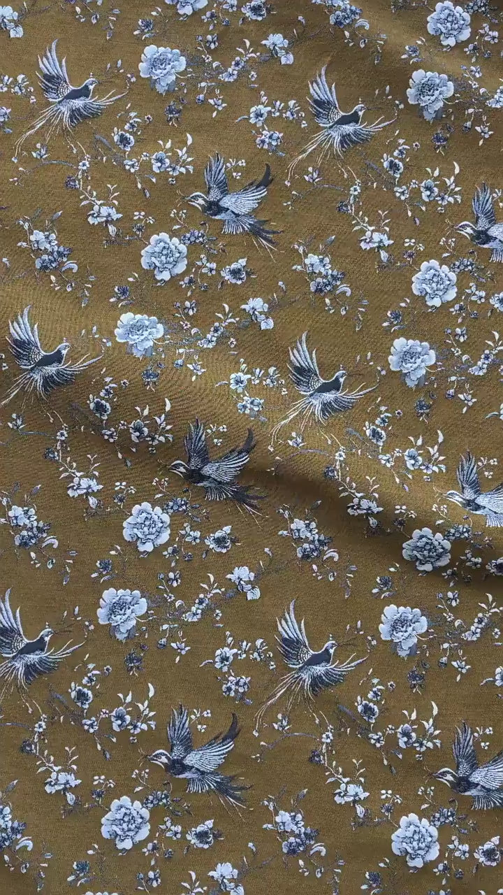 Mustard Yellow Floral Jacquard Fabric by Yard, Embossed Bird Flower Textile, Vintage Woven Dress Fabric for Sewing Crafts, 63"Wide