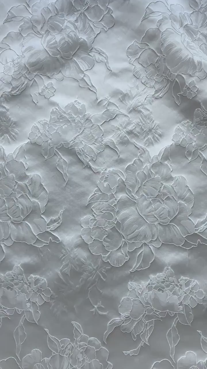 White Peony Jacquard Fabric by Yard, Embossed Floral Suiting Textile, Elegant Chinese Dress Fabric for Blazers Shirts Decor, 58"Wide