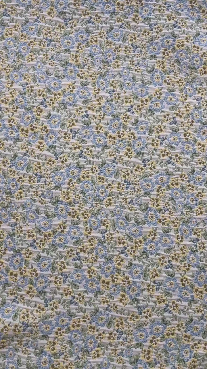 Light Floral Jacquard Fabric by Yard, Yellow Blue Vintage Flower Textile, Soft Cottagecore Fabric for Dresses Quilting Crafts, 63"Wide