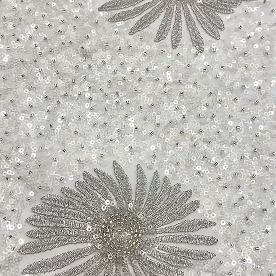 Daisy Beaded Sequin Embroidered Mesh Fabric, Sparkling Floral Textile for Evening Gowns, Dresses, Kidswear, Shoes, Bags and Hats