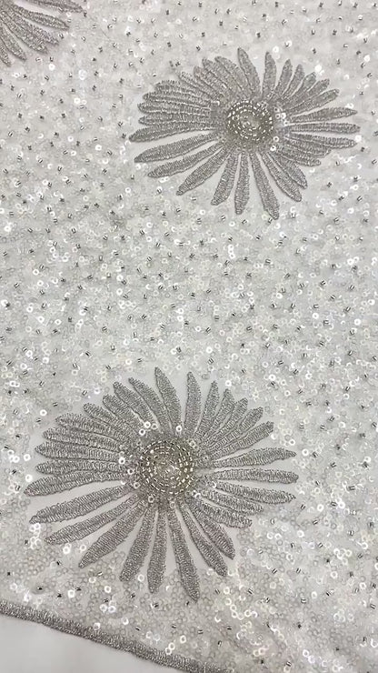 Daisy Beaded Sequin Embroidered Mesh Fabric, Sparkling Floral Textile for Evening Gowns, Dresses, Kidswear, Shoes, Bags and Hats
