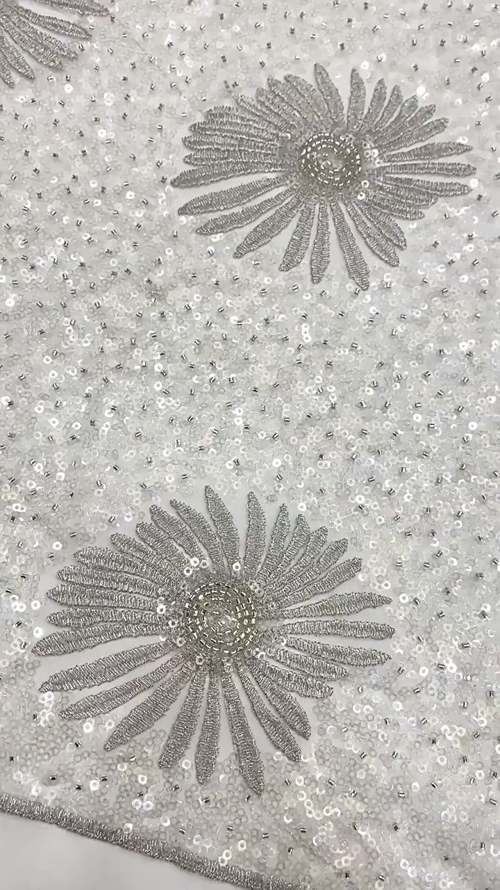 Daisy Beaded Sequin Embroidered Mesh Fabric, Sparkling Floral Textile for Evening Gowns, Dresses, Kidswear, Shoes, Bags and Hats