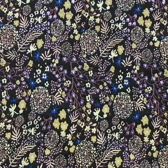 Black Floral Jacquard Fabric by the Yard: Botanical Garden, Purple Gold Multicolor Woven Brocade, 57"W Reversible, Dress, Coat, Home Decor
