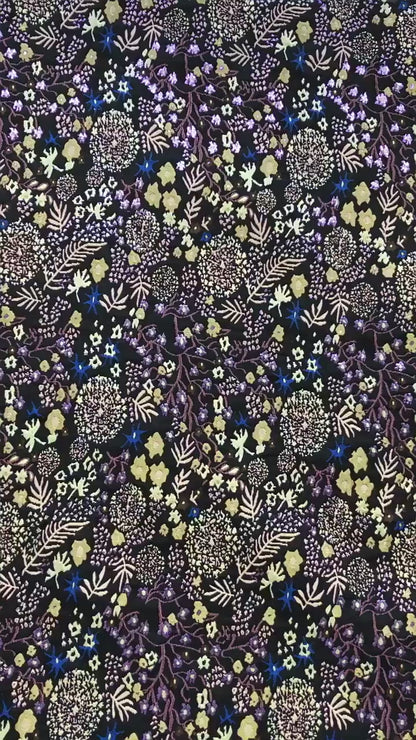 Black Floral Jacquard Fabric by the Yard: Botanical Garden, Purple Gold Multicolor Woven Brocade, 57"W Reversible, Dress, Coat, Home Decor