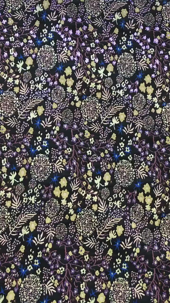 Black Floral Jacquard Fabric by the Yard: Botanical Garden, Purple Gold Multicolor Woven Brocade, 57"W Reversible, Dress, Coat, Home Decor
