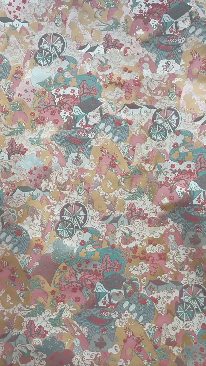 Chinese Song Brocade Fabric by Yard, Gold Metallic Jacquard Textile, Elegant Pastel Floral Satin Fabric for Dresses Upholstery Crafts, 59"W