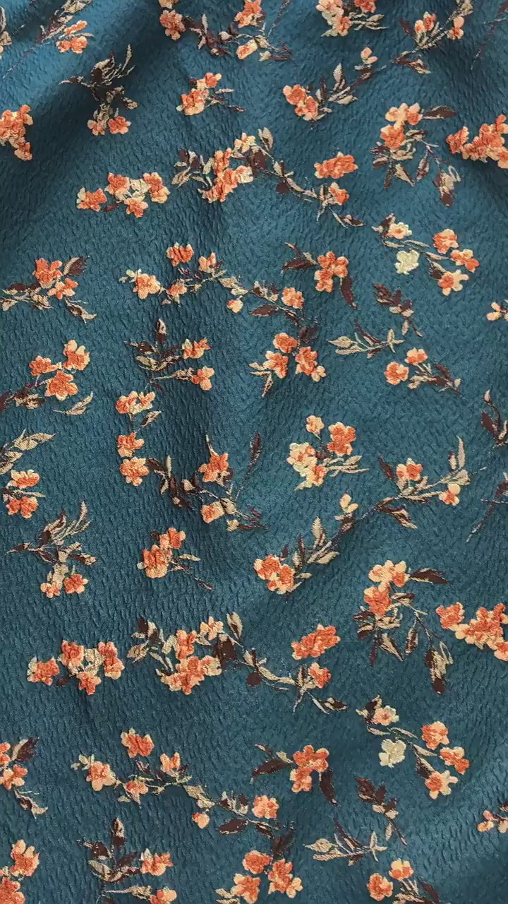 Teal 3D Embossed Small Floral Yarn-Dyed Fabric, Textured Woven Textile for Dresses, Jackets, Skirts, Bags and Sewing, 55" Wide